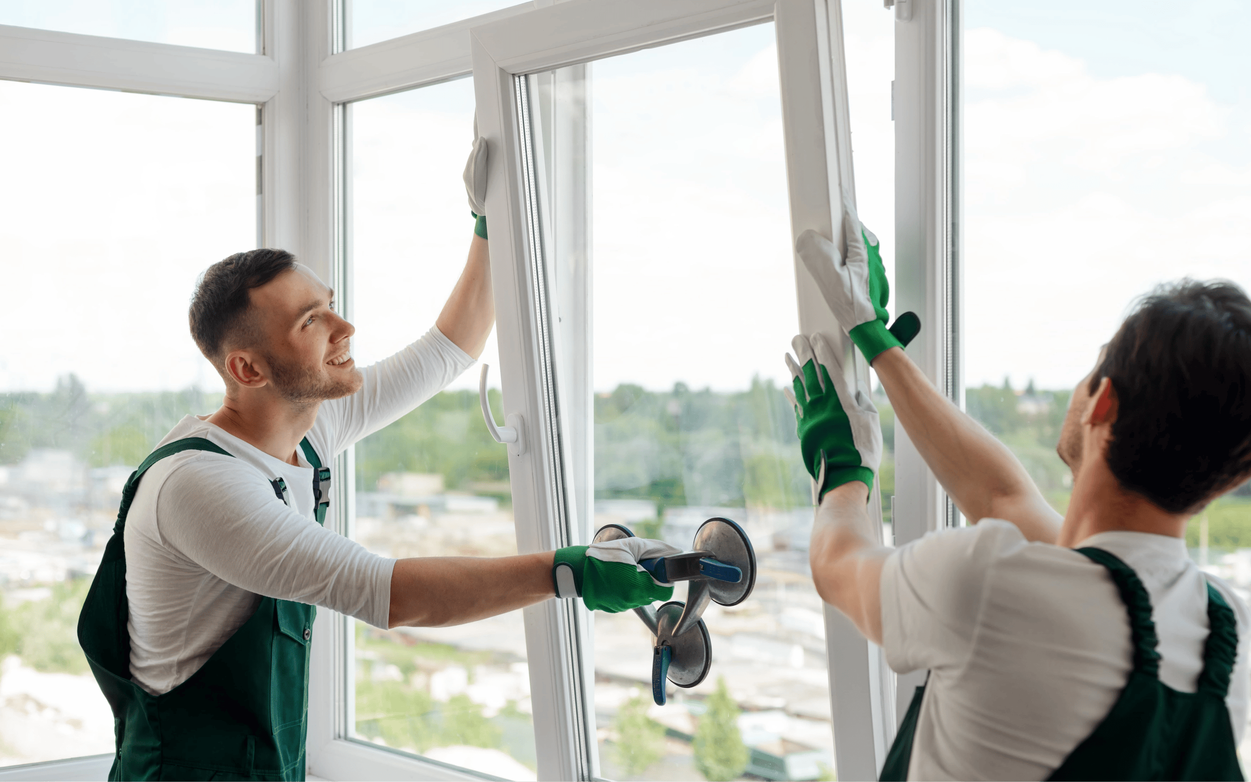 Immagine di due componenti del team che montano i serramenti